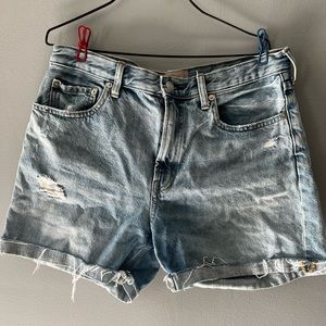 High waisted Everlane light wash denim shorts with cuff.